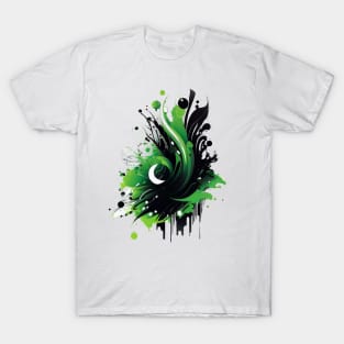 Abstract Green and Black Half Moon Design T-Shirt